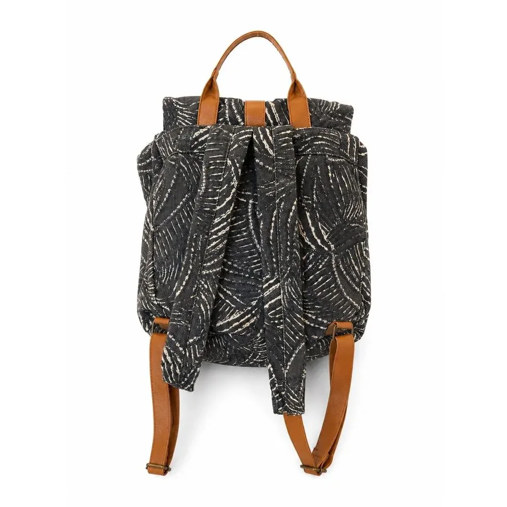 Lu & Elle Canvas Backpack Gray White Palm Print Tan Faux Leather Straps Boho Bag